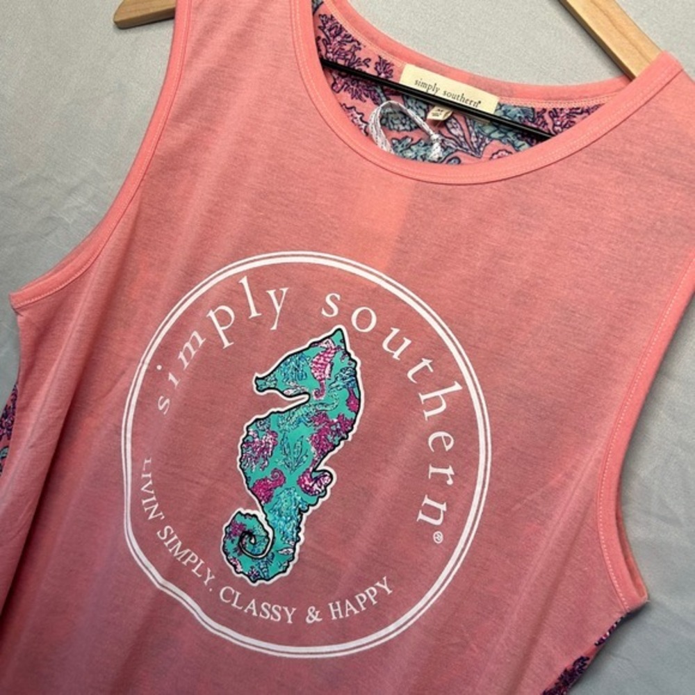 Simply Southern Tank Top Women Medium Coral Pink Seahorse Graphic Nautical Print